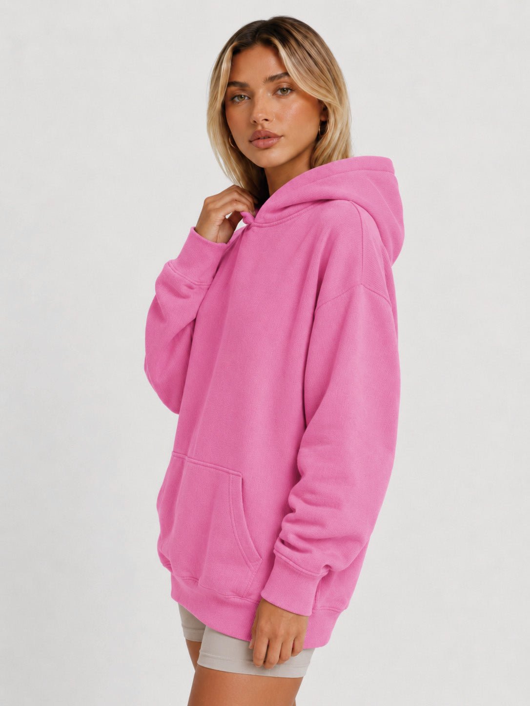 YUCOLEN Women's Oversized Textured Fleece Hoodie Loose Pullover Sweatshirt with Kangaroo Pocket in Pink