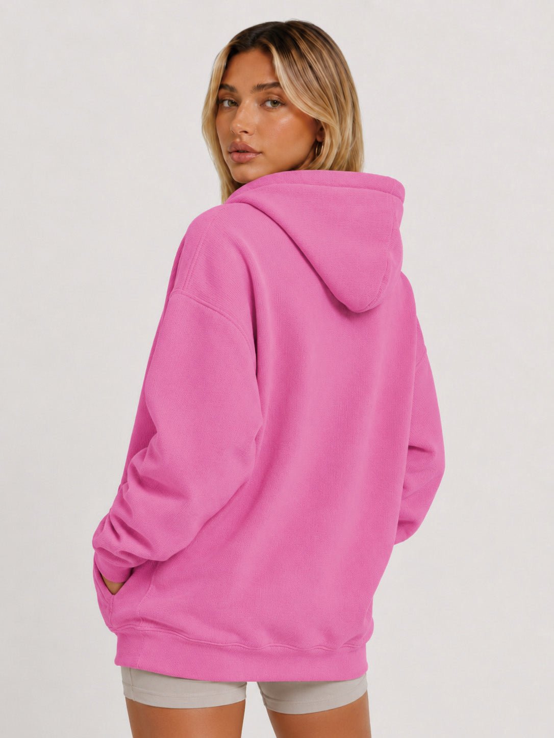 YUCOLEN Women's Oversized Textured Fleece Hoodie Loose Pullover Sweatshirt with Kangaroo Pocket in Pink