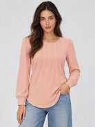 YUCOLEN Womens Pleated Puff Sleeve Crew Neck Long Sleeve Tunic Top in Pink