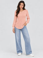 YUCOLEN Womens Pleated Puff Sleeve Crew Neck Long Sleeve Tunic Top in Pink