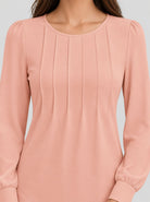 YUCOLEN Womens Pleated Puff Sleeve Crew Neck Long Sleeve Tunic Top in Pink