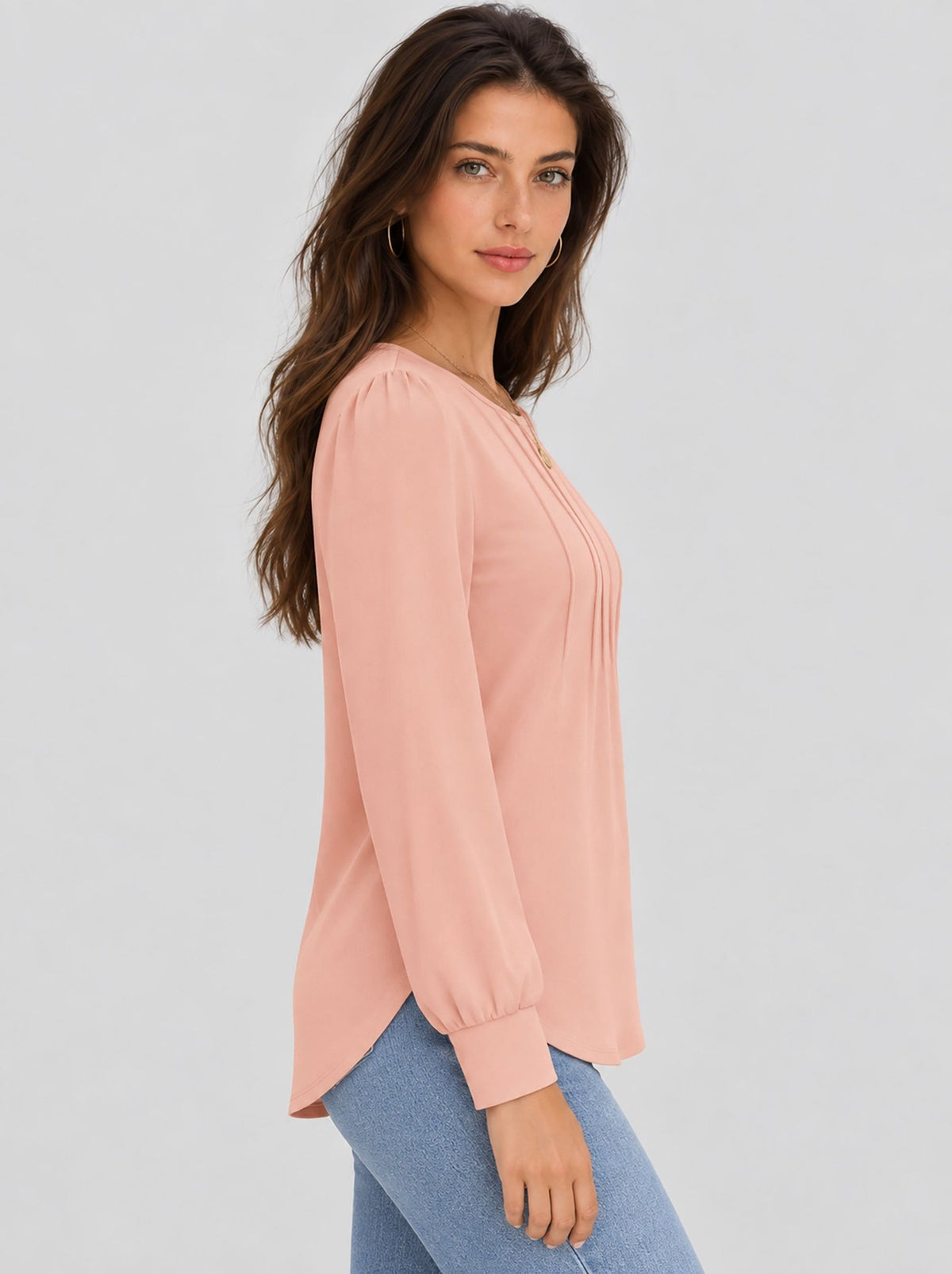 YUCOLEN Womens Pleated Puff Sleeve Crew Neck Long Sleeve Tunic Top in Pink
