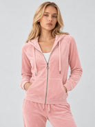 YUCOLEN Women's Soft Velour Full Zip Hooded Jacket with Pockets in Pink