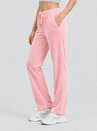 YUCOLEN Women's Soft Velour Straight Leg Pants with Elastic Waist in Pink