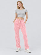 YUCOLEN Women's Soft Velour Straight Leg Pants with Elastic Waist in Pink