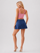 YUCOLEN Women's Square Neck Denim Look Tank Top with Built-in Bra Slim Fit Crop Workout Top in Pink