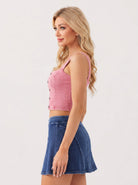 YUCOLEN Women's Square Neck Denim Look Tank Top with Built-in Bra Slim Fit Crop Workout Top in Pink