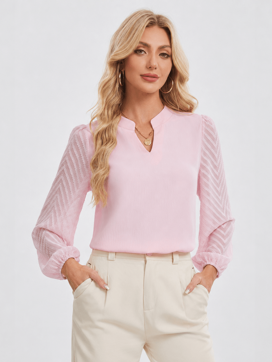 YUCOLEN Women's V Neck Chiffon Blouse with Lace Puff Sleeves Dressy Casual Work Tops in Pink