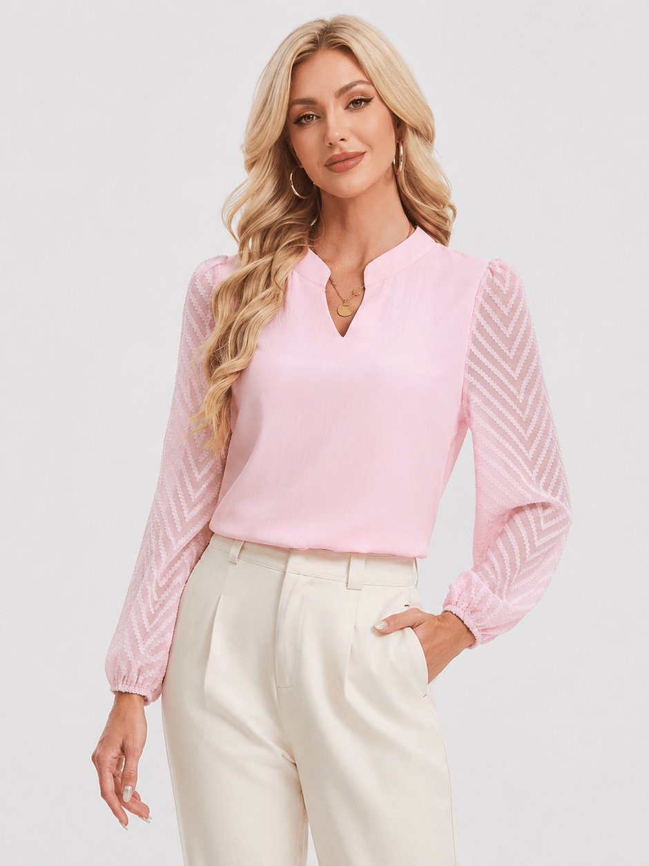 YUCOLEN Women's V Neck Chiffon Blouse with Lace Puff Sleeves Dressy Casual Work Tops in Pink