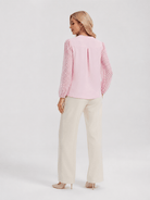 YUCOLEN Women's V Neck Chiffon Blouse with Lace Puff Sleeves Dressy Casual Work Tops in Pink