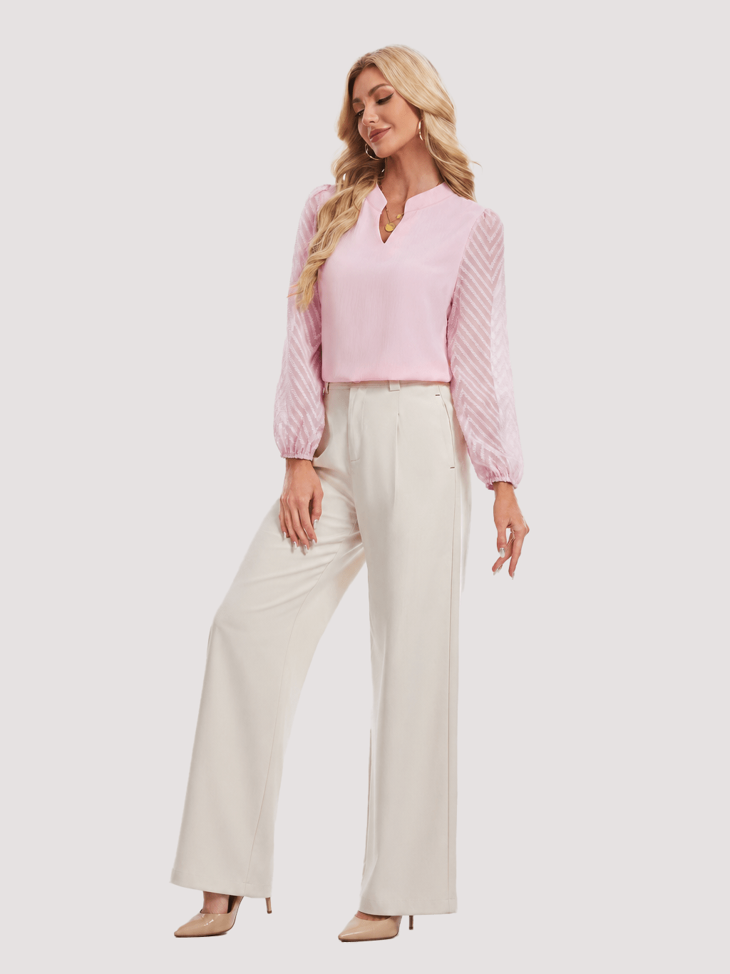 YUCOLEN Women's V Neck Chiffon Blouse with Lace Puff Sleeves Dressy Casual Work Tops in Pink