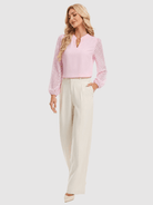 YUCOLEN Women's V Neck Chiffon Blouse with Lace Puff Sleeves Dressy Casual Work Tops in Pink