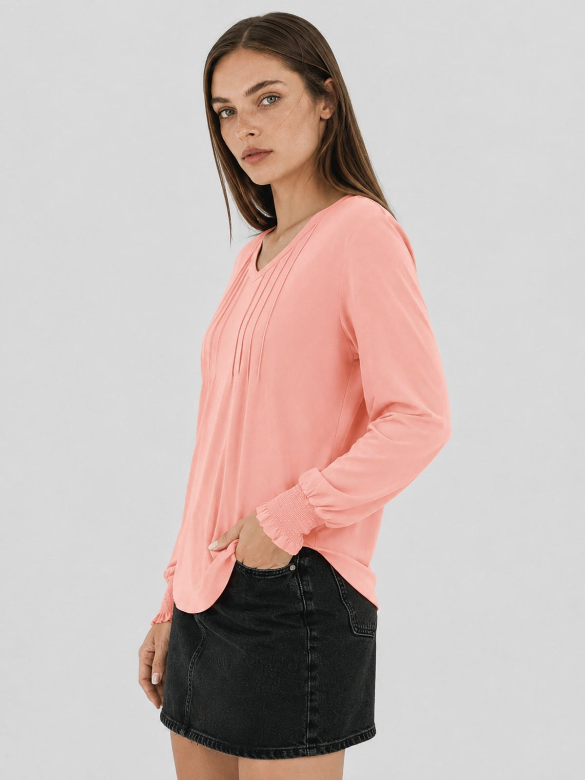 YUCOLEN Women's V Neck Pleated Tunic Blouse Ruffle Cuff Long Sleeve Shirt in Pink
