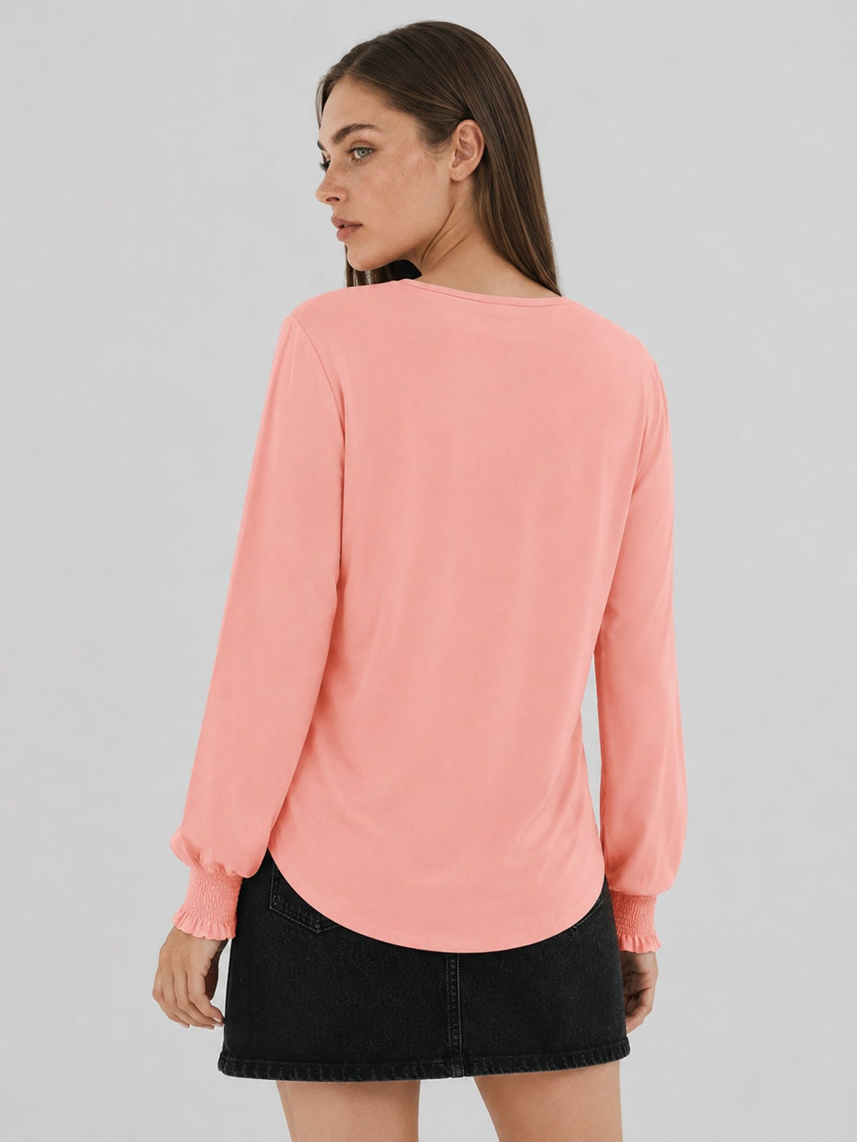 YUCOLEN Women's V Neck Pleated Tunic Blouse Ruffle Cuff Long Sleeve Shirt in Pink