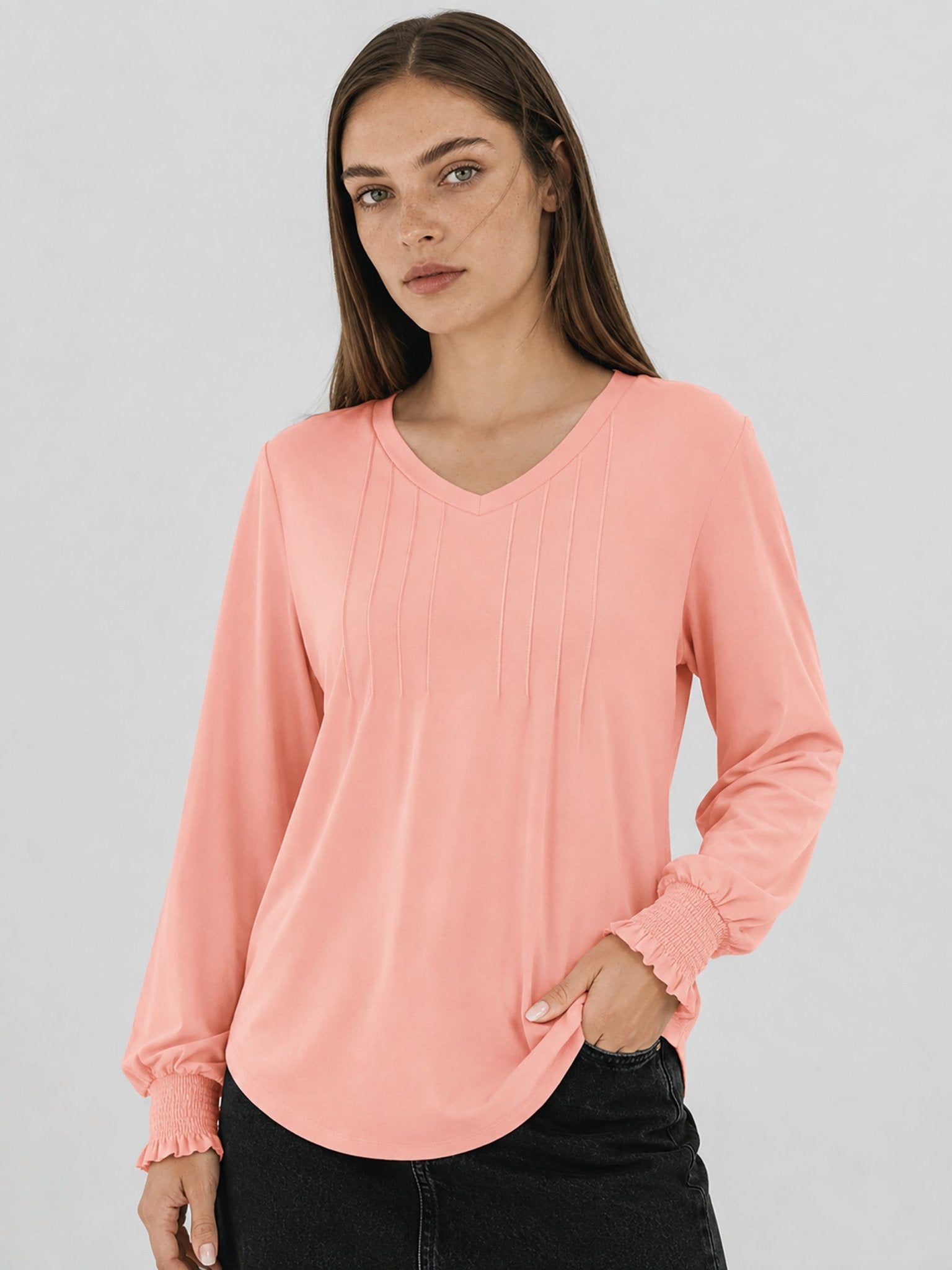 YUCOLEN Women's V Neck Pleated Tunic Blouse Ruffle Cuff Long Sleeve Shirt in Pink