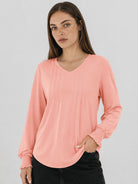 YUCOLEN Women's V Neck Pleated Tunic Blouse Ruffle Cuff Long Sleeve Shirt in Pink