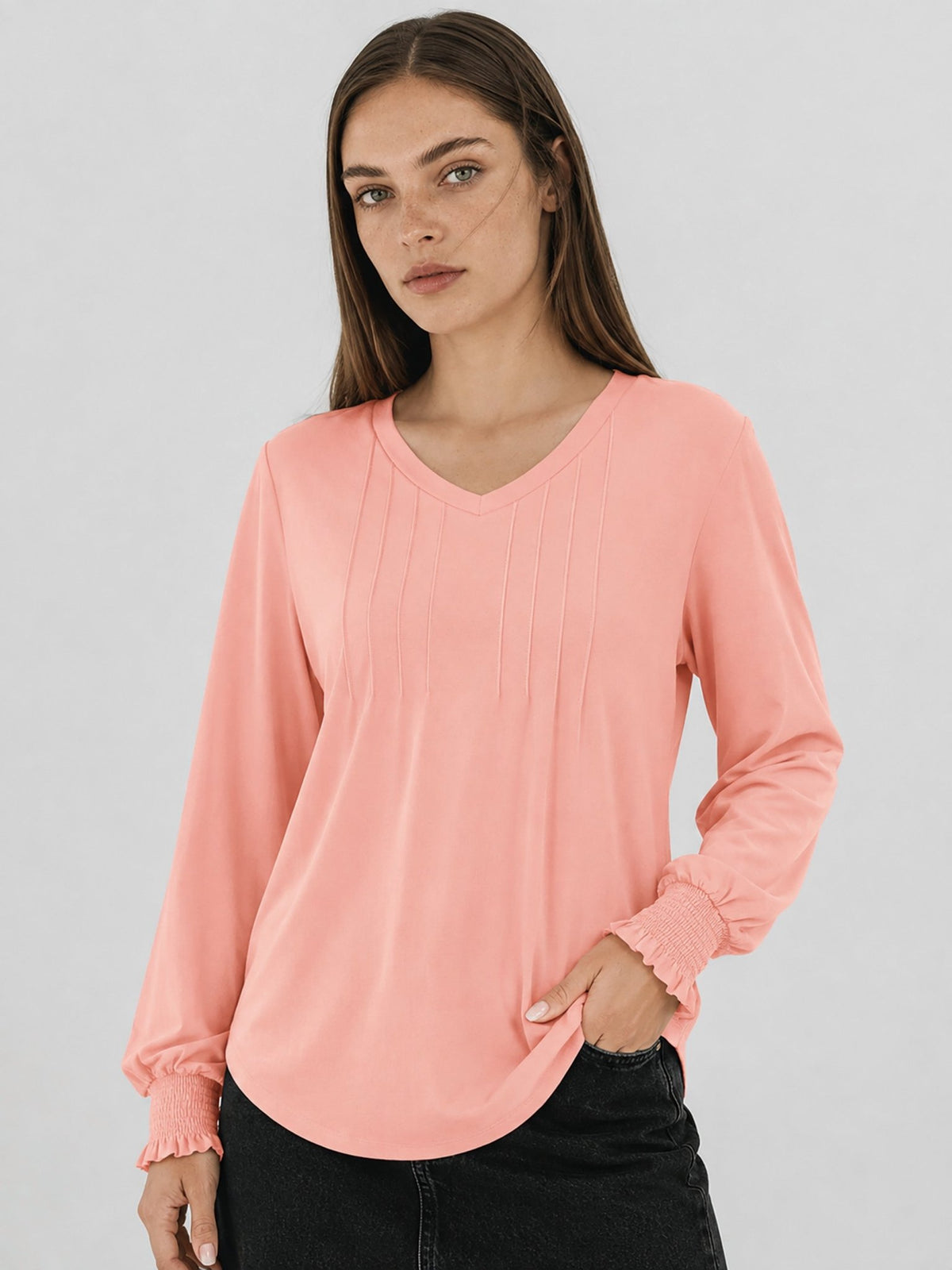 YUCOLEN Women's V Neck Pleated Tunic Blouse Ruffle Cuff Long Sleeve Shirt in Pink