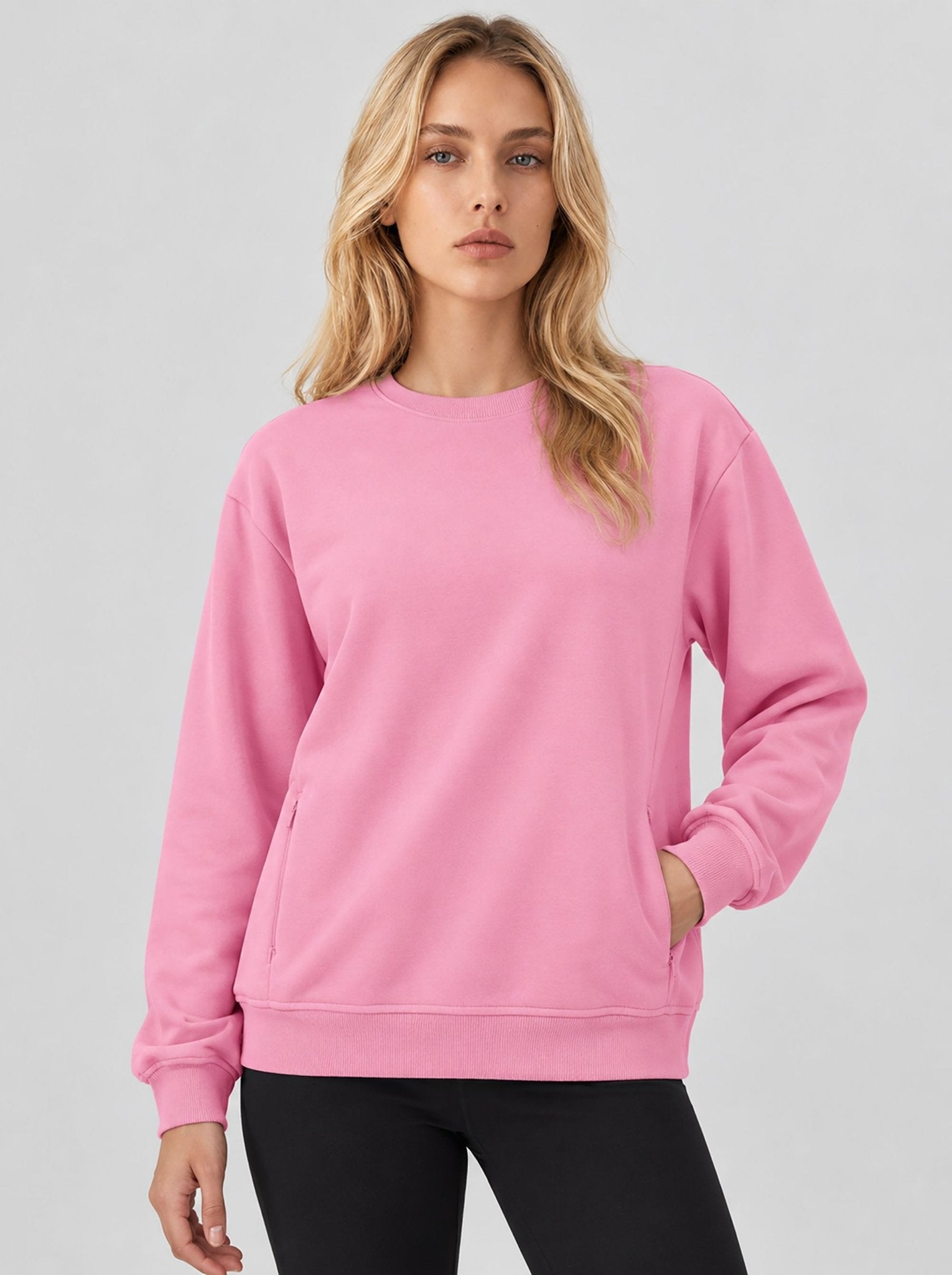 YUCOLEN Womens Warm Fleece Crewneck Sweatshirt with Zip Pockets in Pink