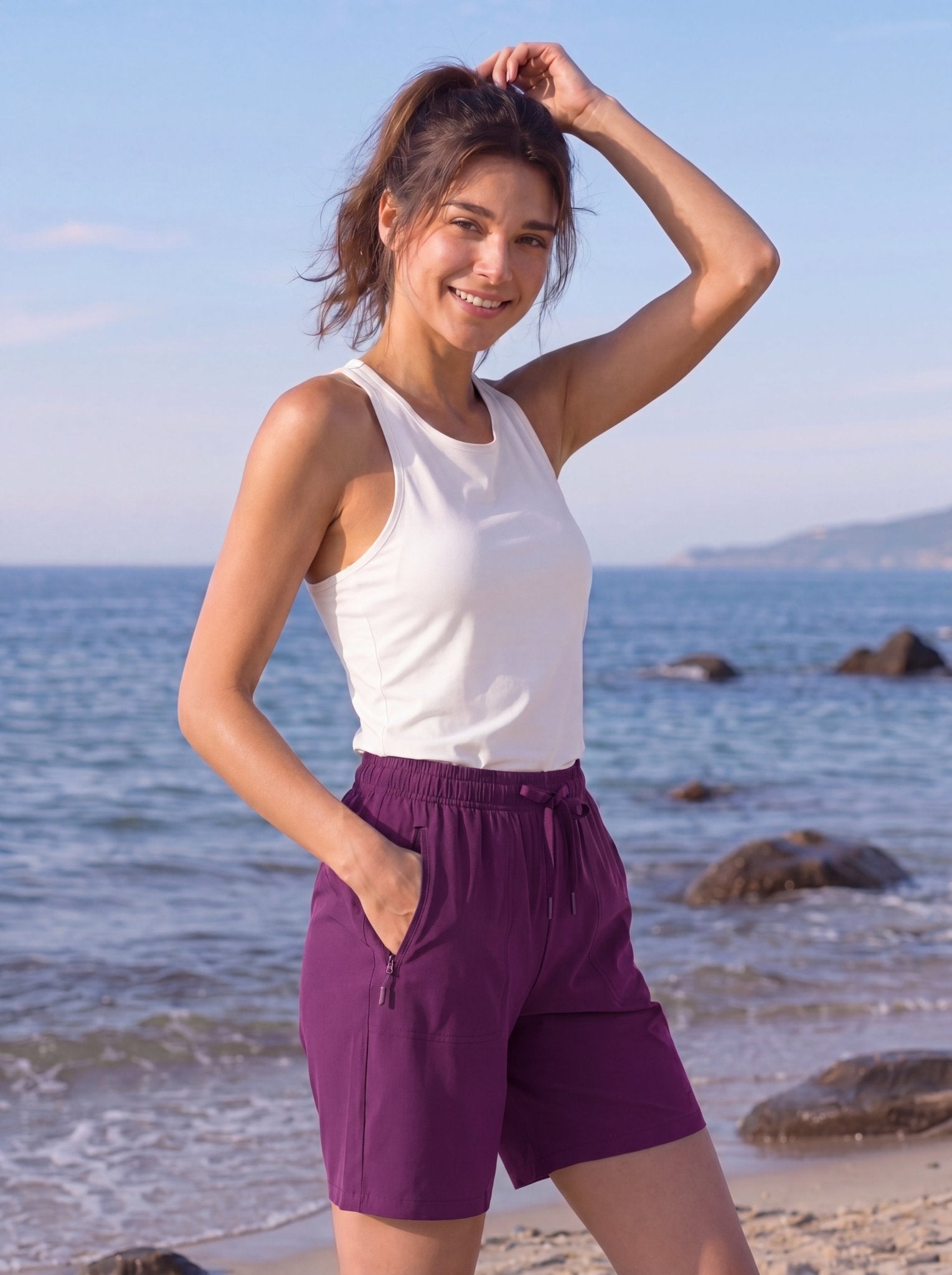 YUCOLEN Women 8 Inch Inseam Hiking Shorts - Water Resistant Quick Dry Golf Shorts with Zipper Pockets in Purple Red