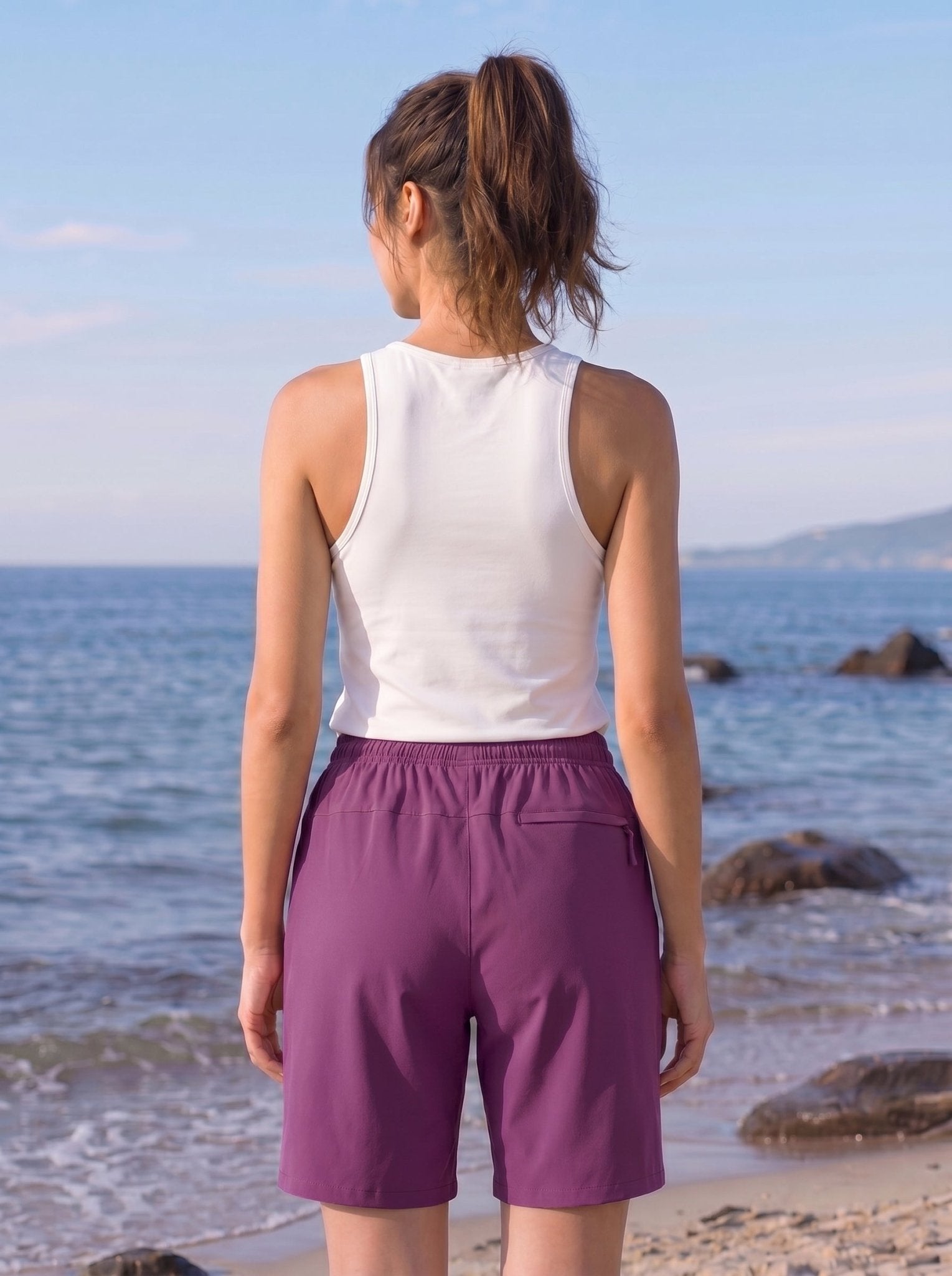 YUCOLEN Women 8 Inch Inseam Hiking Shorts - Water Resistant Quick Dry Golf Shorts with Zipper Pockets in Purple Red