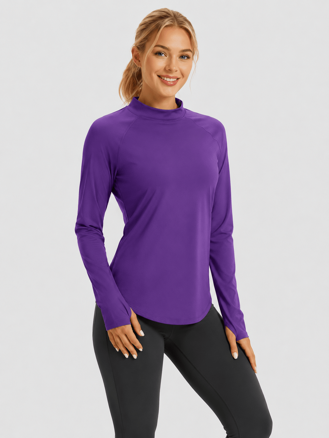 YUCOLEN Women's Thermal Fleece Lined Mock Neck Shirt with Thumb Holes in Purple