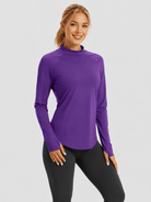 YUCOLEN Women's Thermal Fleece Lined Mock Neck Shirt with Thumb Holes in Purple
