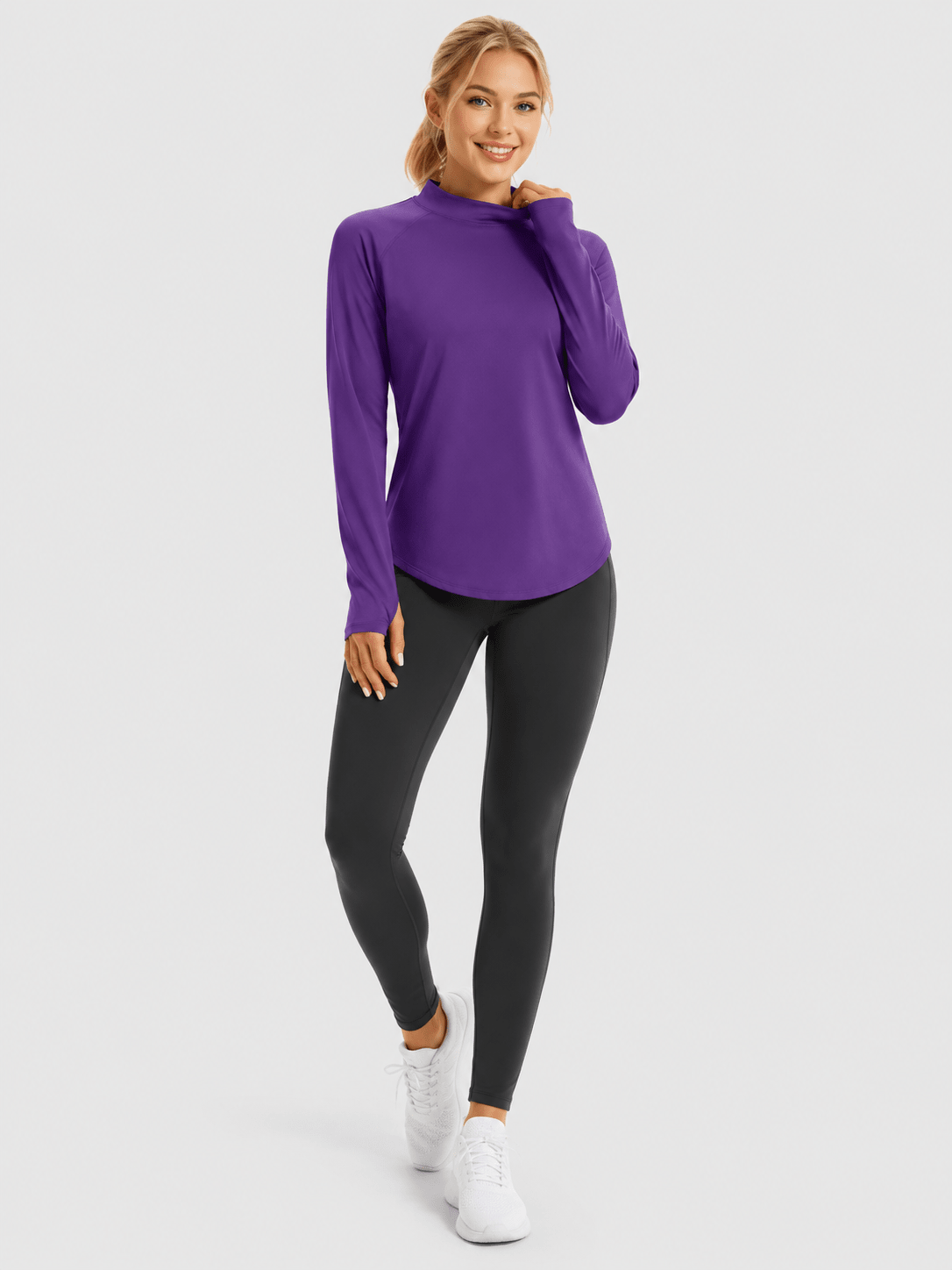 YUCOLEN Women's Thermal Fleece Lined Mock Neck Shirt with Thumb Holes in Purple