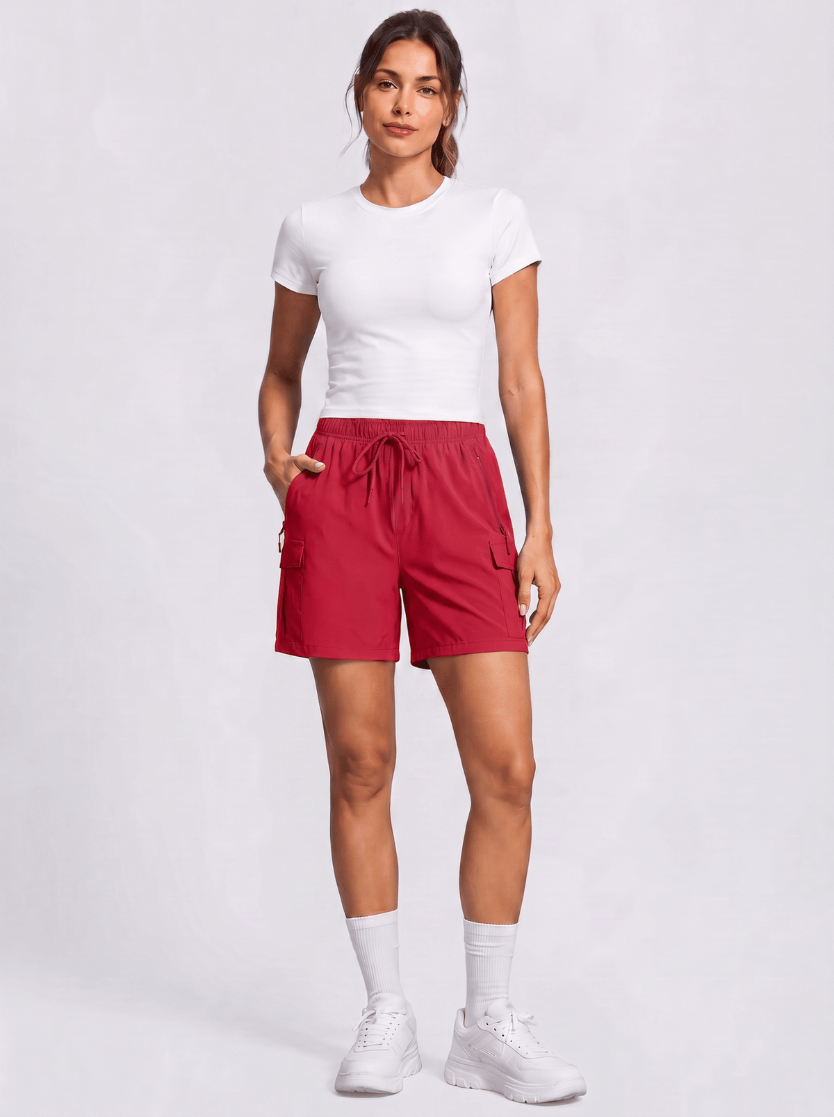YUCOLEN Women's 5 Inch Quick Dry Hiking Cargo Shorts UPF 50 Plus Lightweight Athletic Shorts in Red