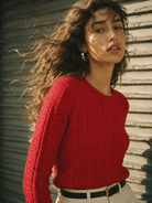 YUCOLEN Women's Lightweight Cable Knit Sweater Soft Crew Neck Fisherman Pullover Top in Red
