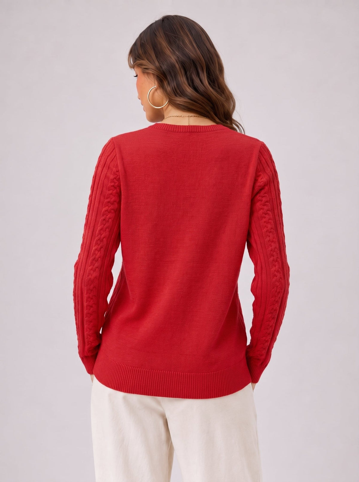 YUCOLEN Women's Lightweight Cable Knit Sweater Soft Crew Neck Fisherman Pullover Top in Red