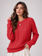 YUCOLEN Women's Lightweight Cable Knit Sweater Soft Crew Neck Fisherman Pullover Top in Red