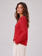 YUCOLEN Women's Lightweight Cable Knit Sweater Soft Crew Neck Fisherman Pullover Top in Red