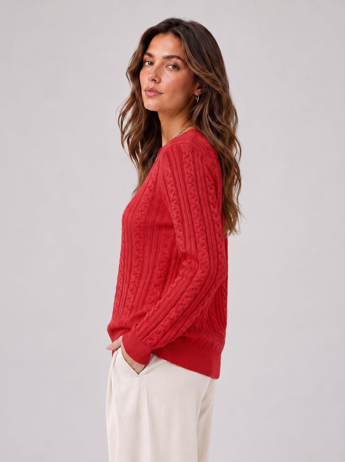YUCOLEN Women's Lightweight Cable Knit Sweater Soft Crew Neck Fisherman Pullover Top in Red