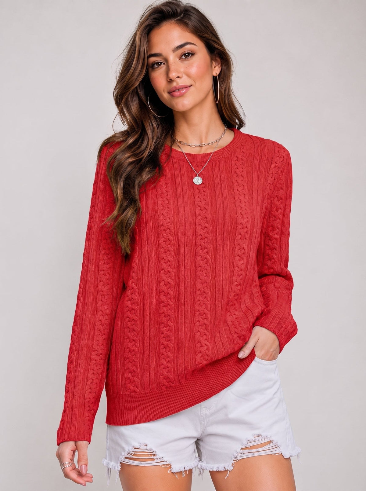 YUCOLEN Women's Lightweight Cable Knit Sweater Soft Crew Neck Fisherman Pullover Top in Red