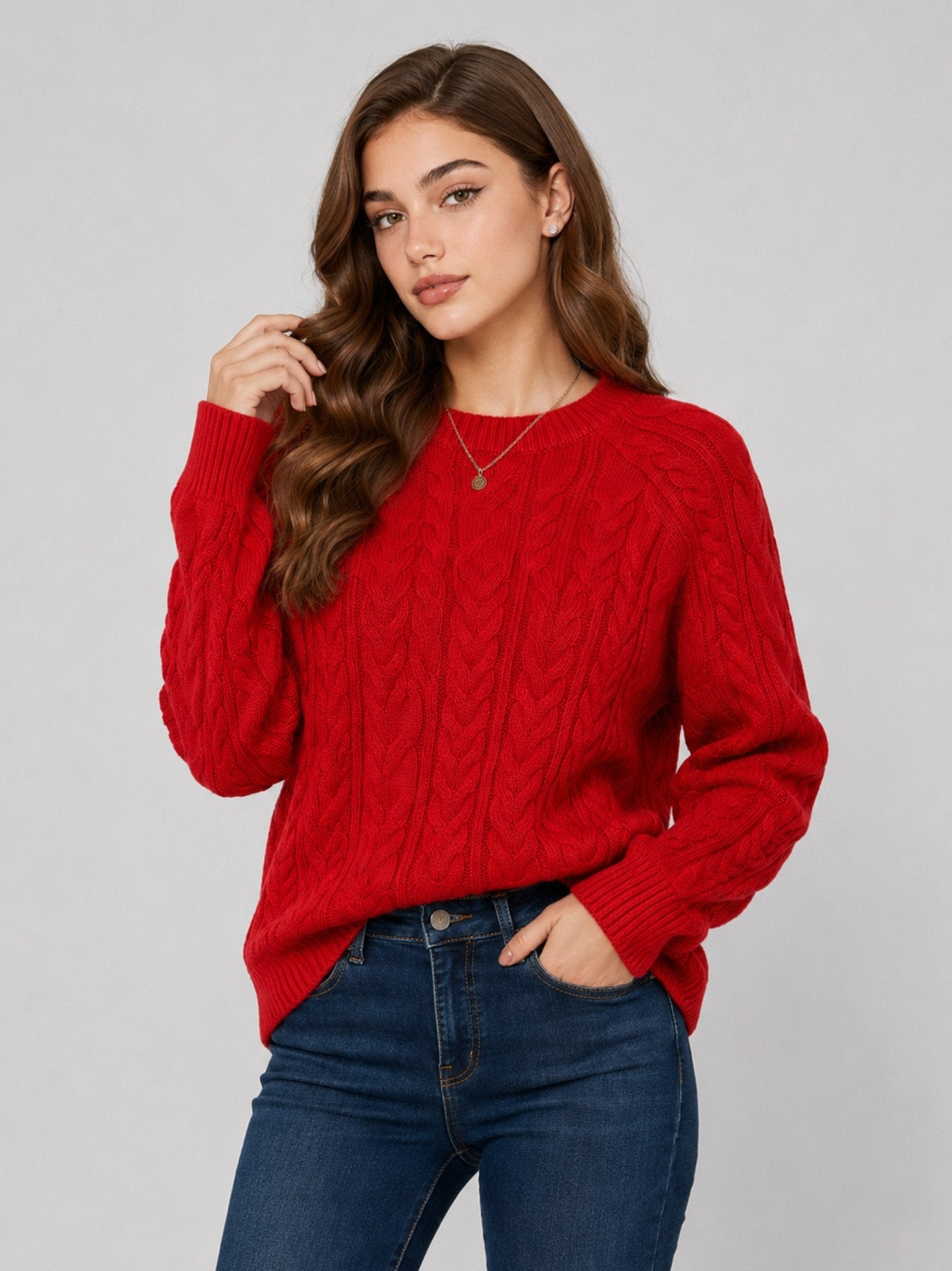 YUCOLEN Women's Oversized Cable Knit Sweater Soft Chunky Crew Neck Pullover Top in Red