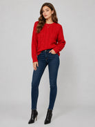 YUCOLEN Women's Oversized Cable Knit Sweater Soft Chunky Crew Neck Pullover Top in Red