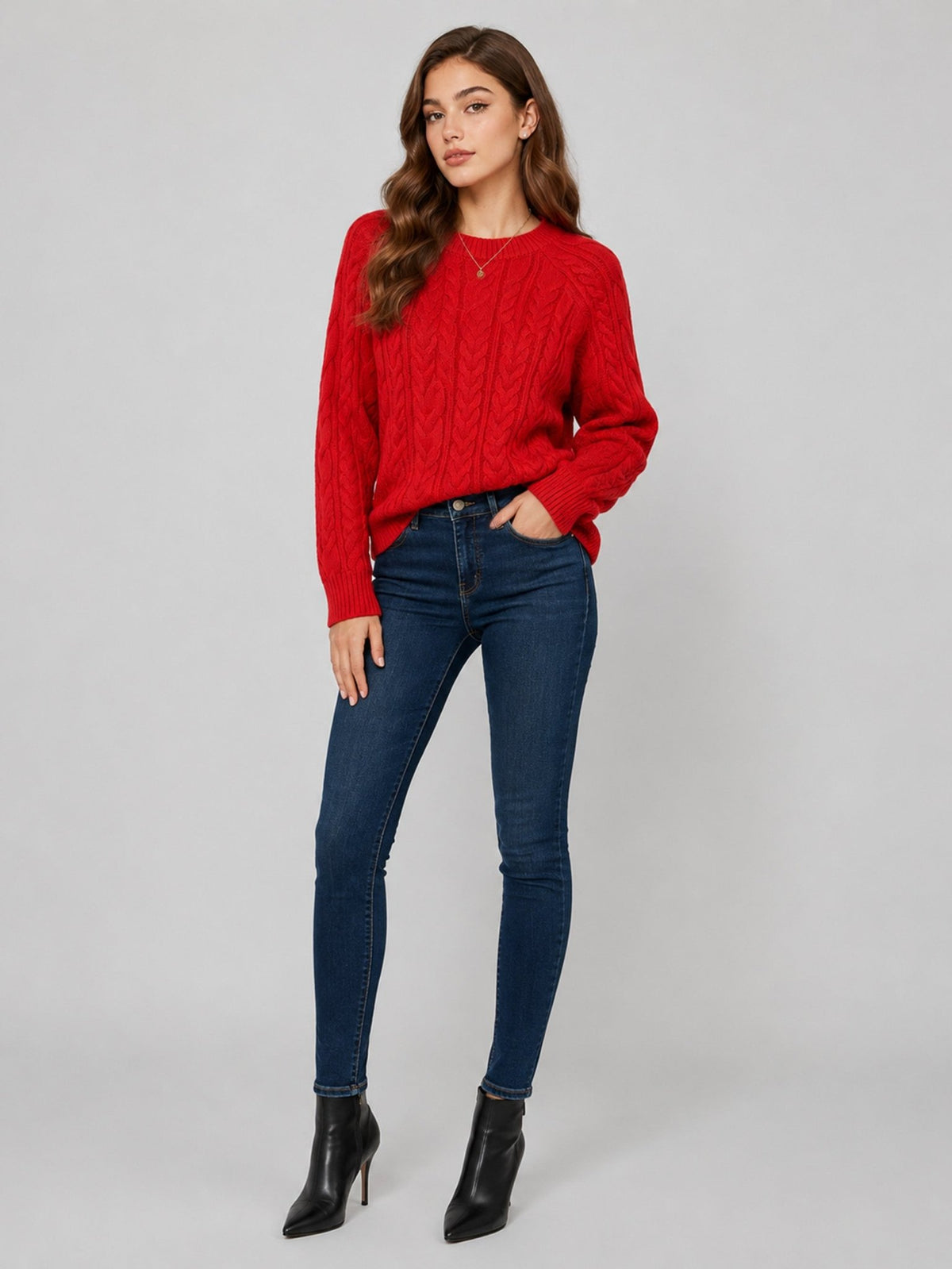 YUCOLEN Women's Oversized Cable Knit Sweater Soft Chunky Crew Neck Pullover Top in Red