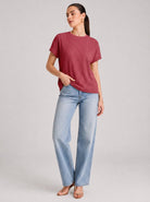 YUCOLEN Women's Oversized Ribbed Knit Short Sleeve T-Shirt Loose Batwing Casual Top in Red
