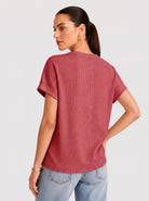 YUCOLEN Women's Oversized Ribbed Knit Short Sleeve T-Shirt Loose Batwing Casual Top in Red