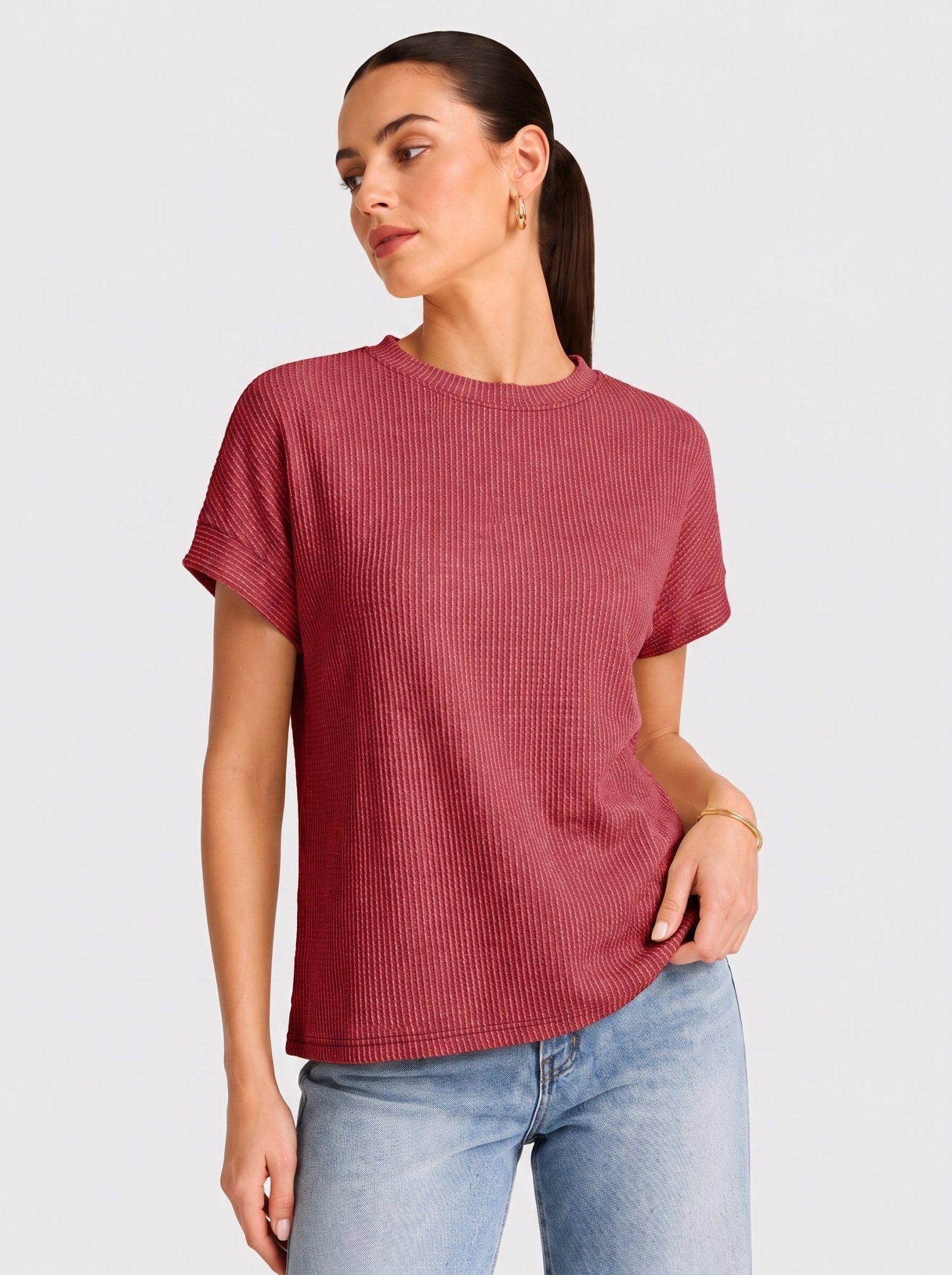 YUCOLEN Women's Oversized Ribbed Knit Short Sleeve T-Shirt Loose Batwing Casual Top in Red