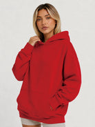 YUCOLEN Women's Oversized Textured Fleece Hoodie Loose Pullover Sweatshirt with Kangaroo Pocket in Red