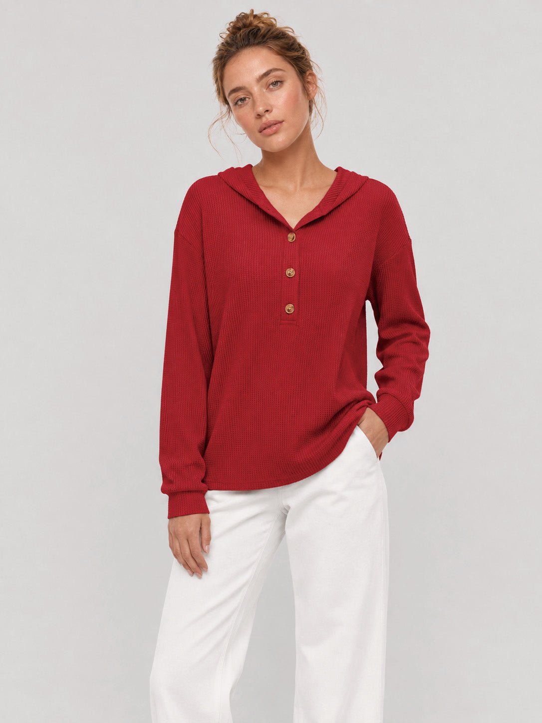 YUCOLEN Women's Waffle Knit Oversized Hoodie 4-Button Henley Pullover in Red