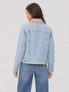 YUCOLEN Women's Warm Sherpa Lined Denim Jacket with Fleece Collar and Pockets in Retro Aqua Blue