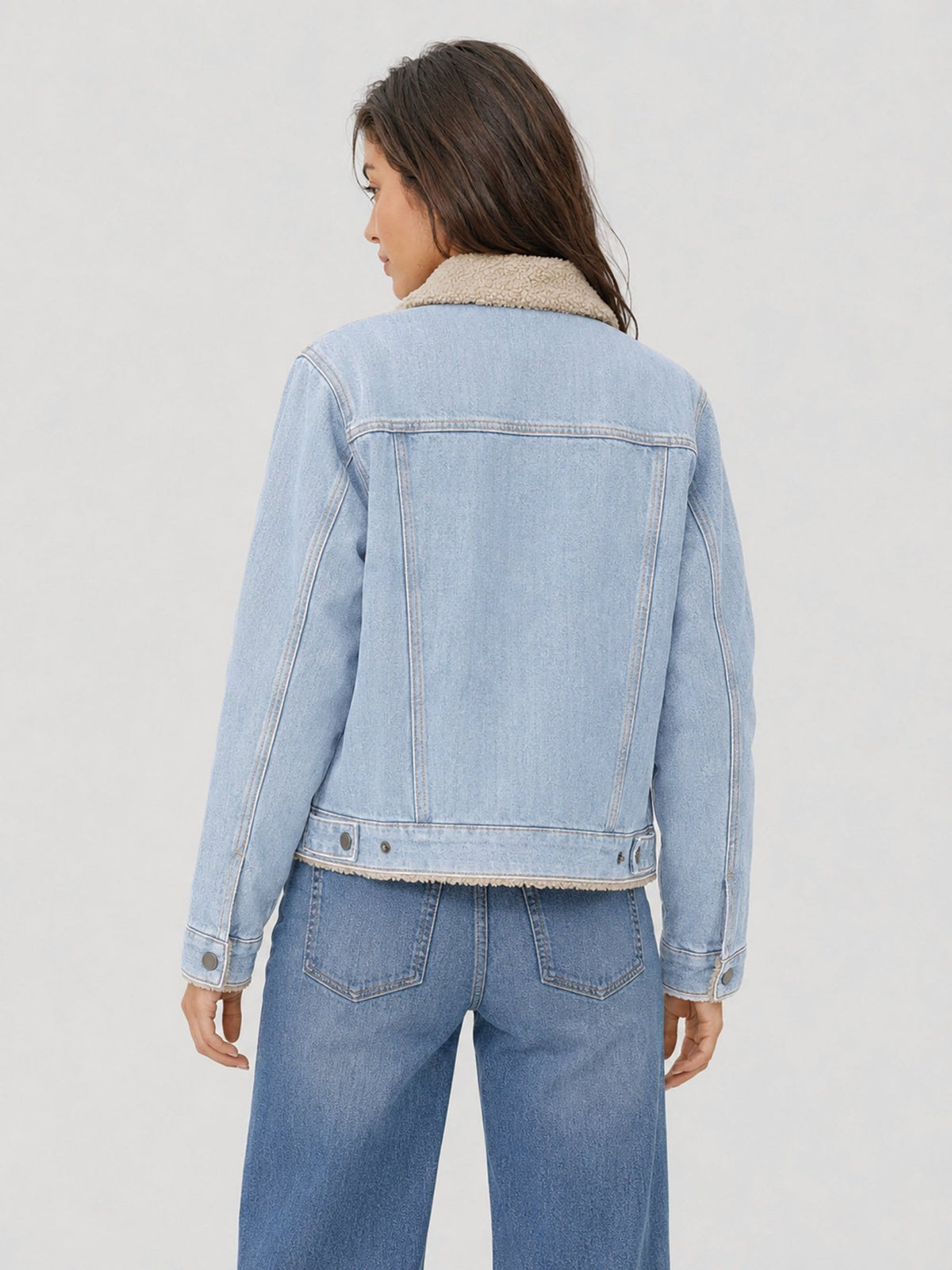 YUCOLEN Women's Warm Sherpa Lined Denim Jacket with Fleece Collar and Pockets in Retro Aqua Blue