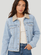 YUCOLEN Women's Warm Sherpa Lined Denim Jacket with Fleece Collar and Pockets in Retro Aqua Blue