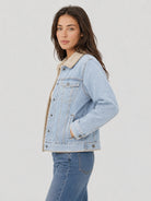 YUCOLEN Women's Warm Sherpa Lined Denim Jacket with Fleece Collar and Pockets in Retro Aqua Blue