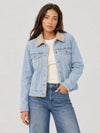 YUCOLEN Women's Warm Sherpa Lined Denim Jacket with Fleece Collar and Pockets in Retro Aqua Blue
