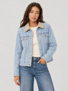 YUCOLEN Women's Warm Sherpa Lined Denim Jacket with Fleece Collar and Pockets in Retro Aqua Blue