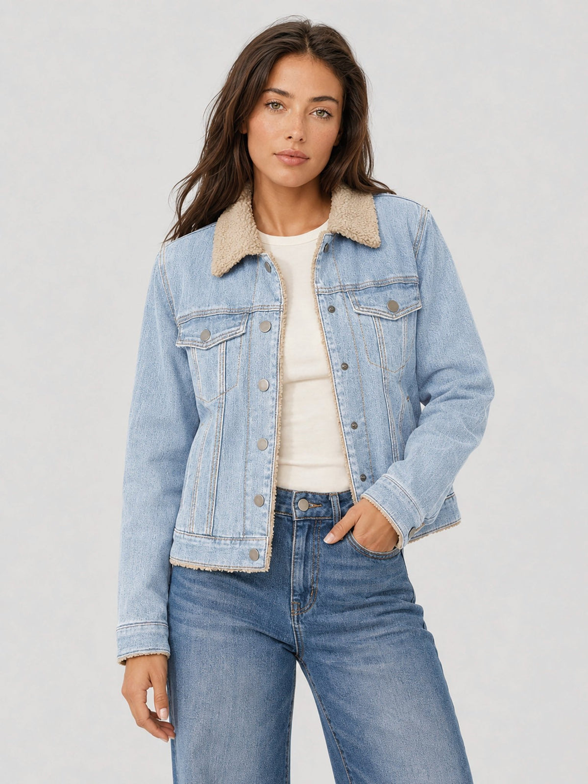 YUCOLEN Women's Warm Sherpa Lined Denim Jacket with Fleece Collar and Pockets in Retro Aqua Blue