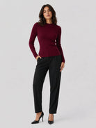 YUCOLEN Women's Mock Neck Ribbed Slim Fit Sweater Soft Wool Blend Pullover in Retro red